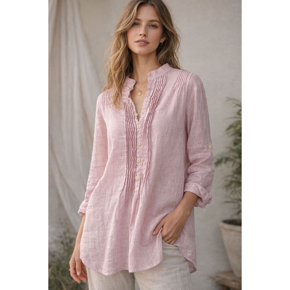 CP Shades Linen Button Front Tunic Top Pink Pintuck Oversized Coastal Cottage XS
